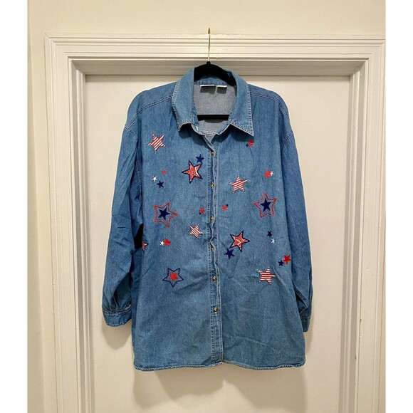 Vintage 90s American Flag Shirt Plus Size 26 Denim Button Up Patriotic USA Stars - Picture 1 of 7